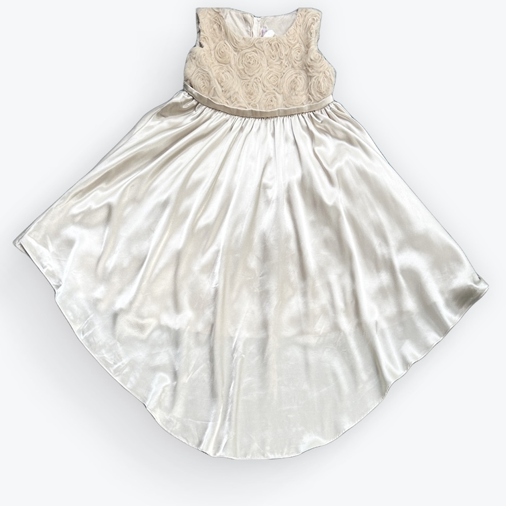 Kid’s Dream Occasion/Flower Girl Champagne Satin Rosette Bodice Dress ~ Kid 9-10